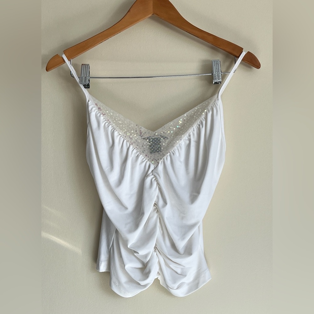 VTG Y2k Moda International Sequuin Ruched Cami Top White Sz M Fairy Glam 2000s